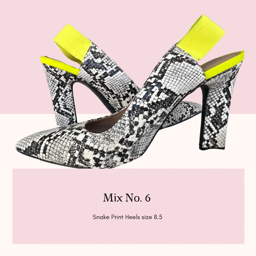 Super cute snake print heel with neon strap.